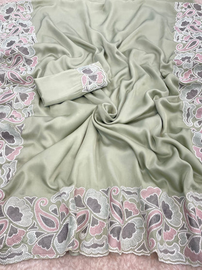 Silk fabric with the  self tone to tone viscos thread work embroidery