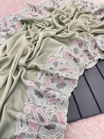 Silk fabric with the  self tone to tone viscos thread work embroidery