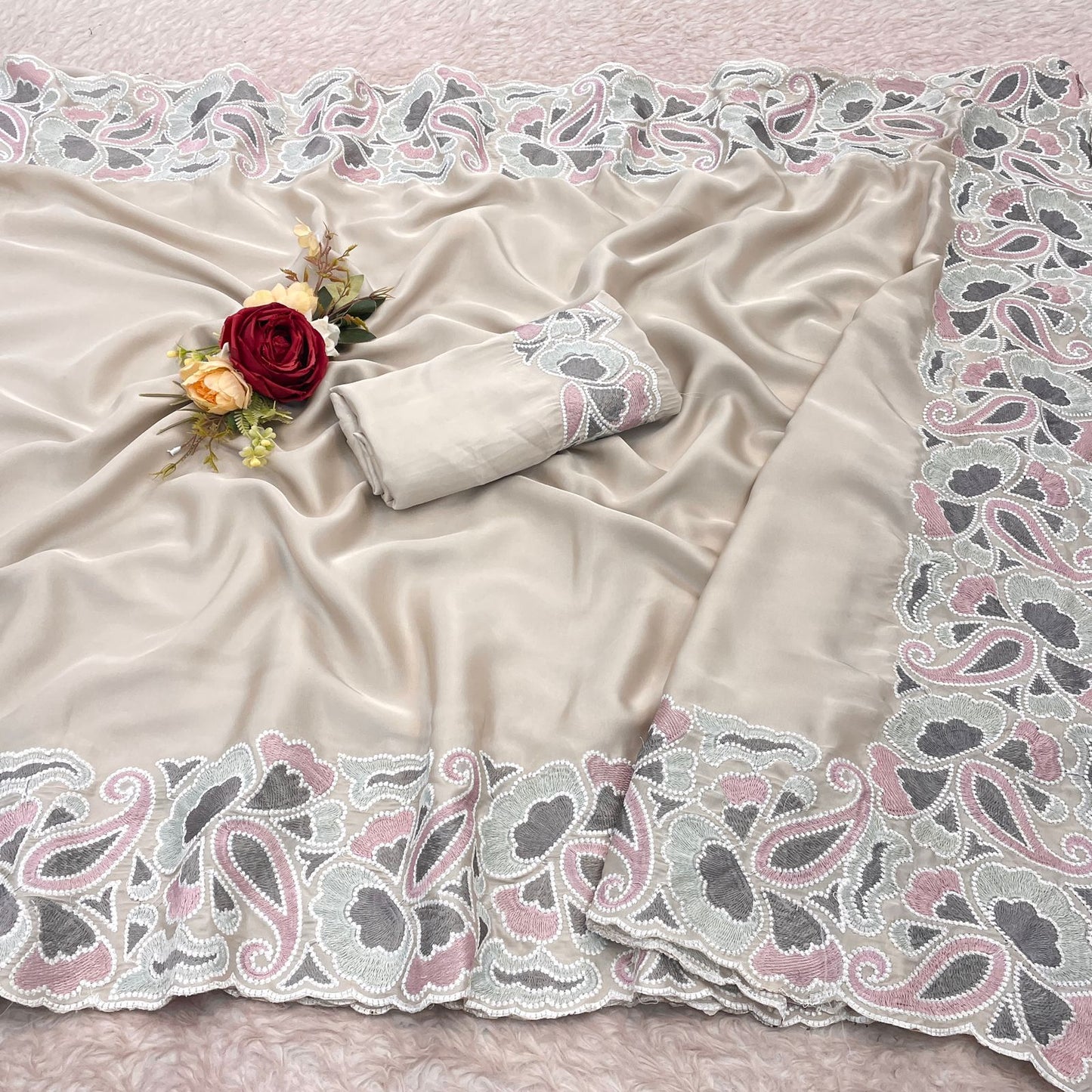 Silk fabric with the  self tone to tone viscos thread work embroidery