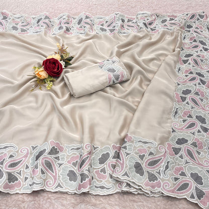 Silk fabric with the  self tone to tone viscos thread work embroidery
