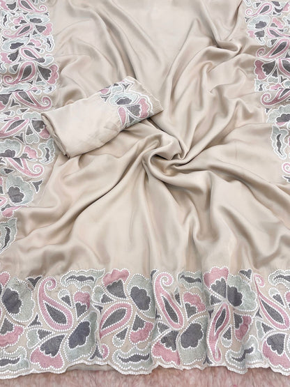 Silk fabric with the  self tone to tone viscos thread work embroidery