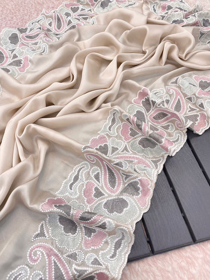 Silk fabric with the  self tone to tone viscos thread work embroidery