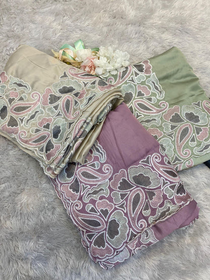 Silk fabric with the  self tone to tone viscos thread work embroidery