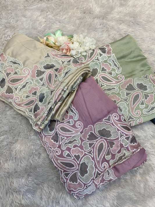 Silk fabric with the  self tone to tone viscos thread work embroidery
