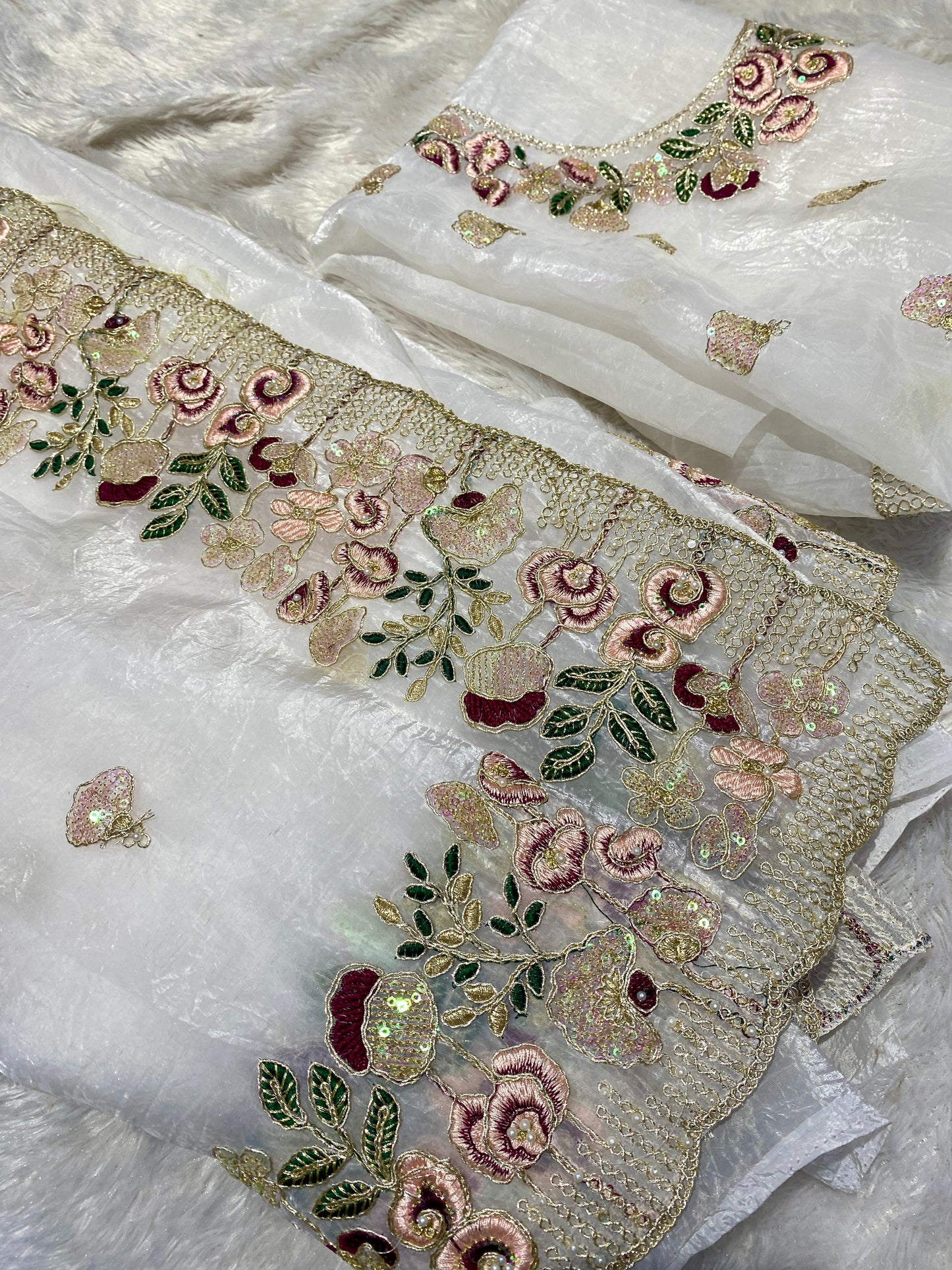 crystal /Organza Tissue Fabric With Embroidery, Stone, Pearl, Hand Work On Border With Zari Weaving Across The all Over Saree