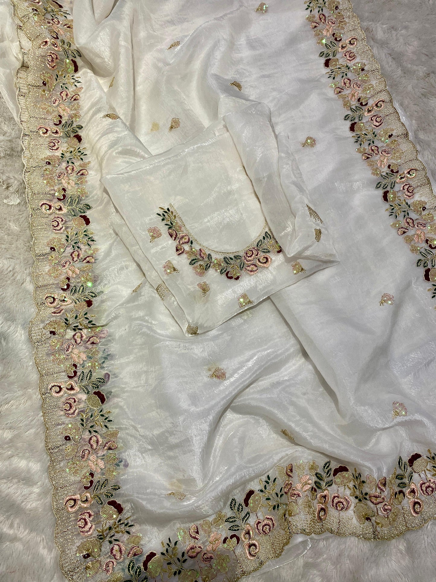 crystal /Organza Tissue Fabric With Embroidery, Stone, Pearl, Hand Work On Border With Zari Weaving Across The all Over Saree