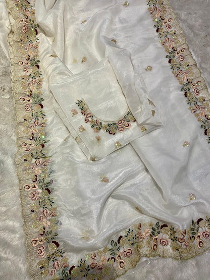 crystal /Organza Tissue Fabric With Embroidery, Stone, Pearl, Hand Work On Border With Zari Weaving Across The all Over Saree