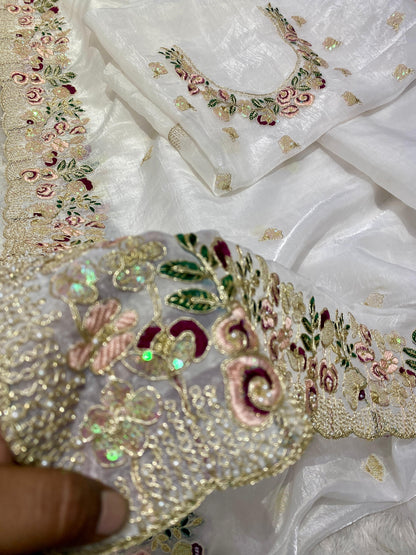crystal /Organza Tissue Fabric With Embroidery, Stone, Pearl, Hand Work On Border With Zari Weaving Across The all Over Saree
