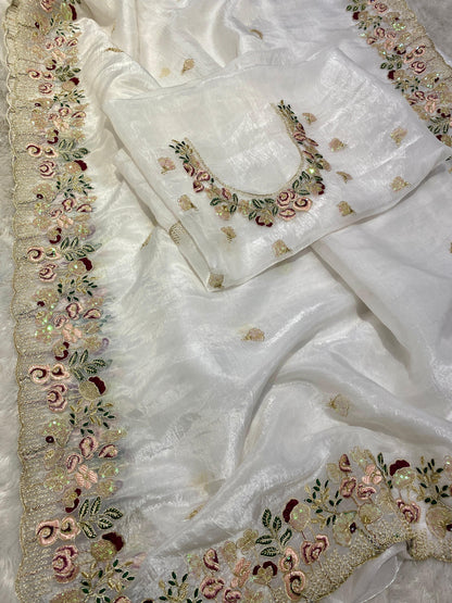 crystal /Organza Tissue Fabric With Embroidery, Stone, Pearl, Hand Work On Border With Zari Weaving Across The all Over Saree