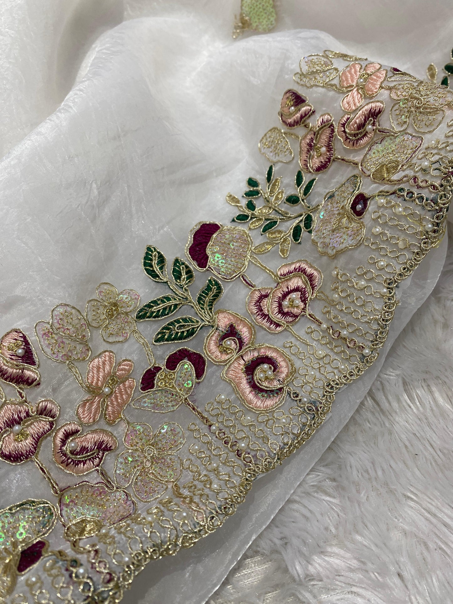 crystal /Organza Tissue Fabric With Embroidery, Stone, Pearl, Hand Work On Border With Zari Weaving Across The all Over Saree
