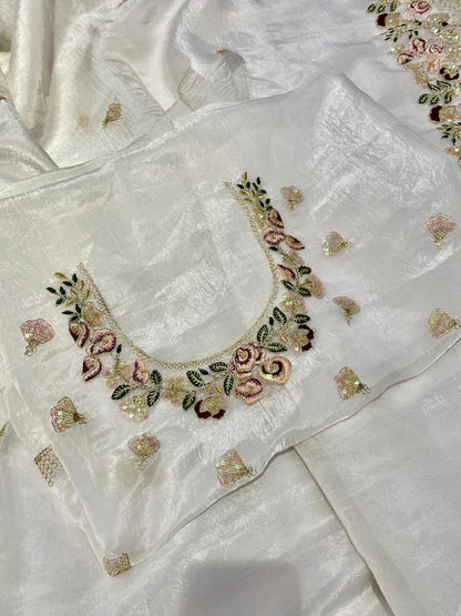 crystal /Organza Tissue Fabric With Embroidery, Stone, Pearl, Hand Work On Border With Zari Weaving Across The all Over Saree