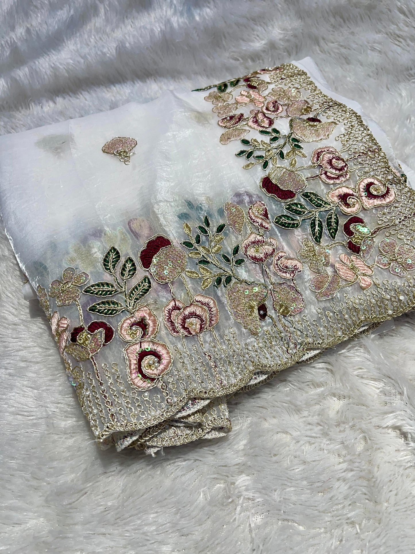 crystal /Organza Tissue Fabric With Embroidery, Stone, Pearl, Hand Work On Border With Zari Weaving Across The all Over Saree