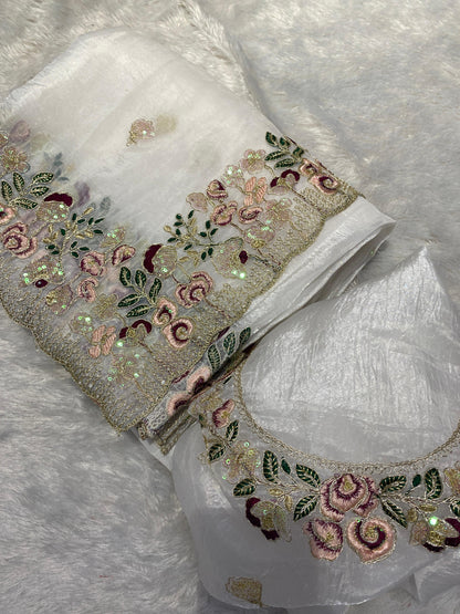 crystal /Organza Tissue Fabric With Embroidery, Stone, Pearl, Hand Work On Border With Zari Weaving Across The all Over Saree