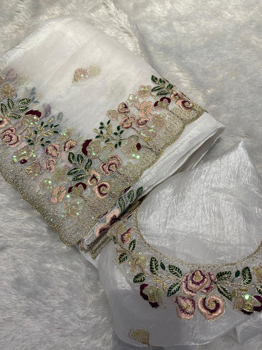 crystal /Organza Tissue Fabric With Embroidery, Stone, Pearl, Hand Work On Border With Zari Weaving Across The all Over Saree