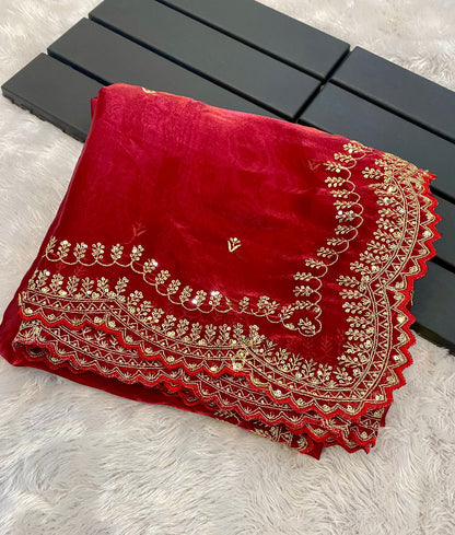 hinning pure crystal silk Jimmy choo sarees with seqnce & golden zari embroidered
