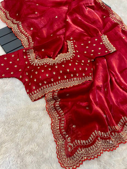 hinning pure crystal silk Jimmy choo sarees with seqnce & golden zari embroidered