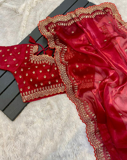 hinning pure crystal silk Jimmy choo sarees with seqnce & golden zari embroidered