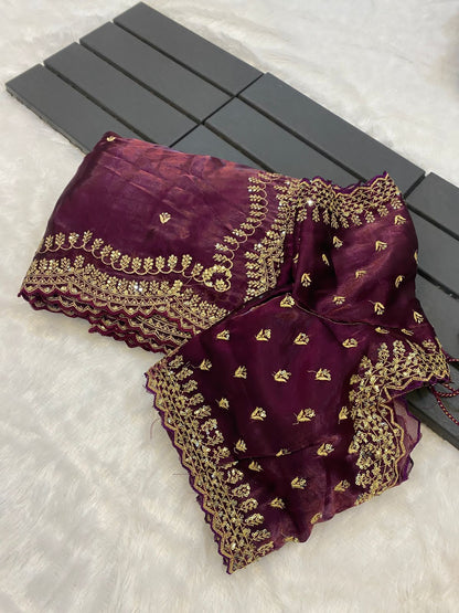 hinning pure crystal silk Jimmy choo sarees with seqnce & golden zari embroidered