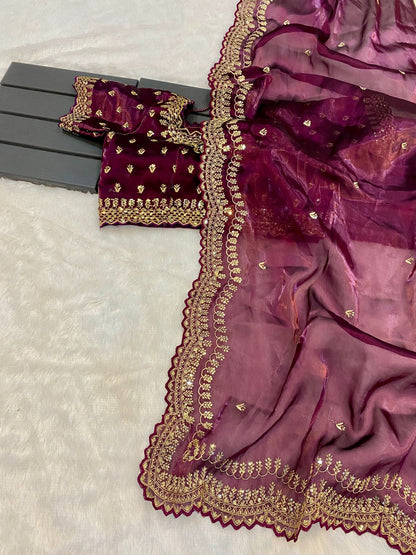 hinning pure crystal silk Jimmy choo sarees with seqnce & golden zari embroidered