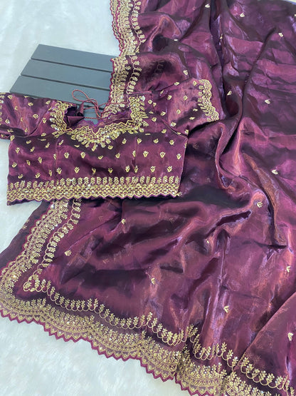 hinning pure crystal silk Jimmy choo sarees with seqnce & golden zari embroidered