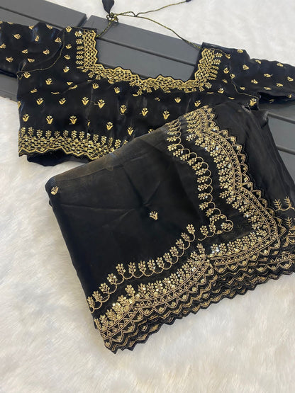 hinning pure crystal silk Jimmy choo sarees with seqnce & golden zari embroidered