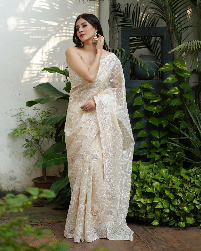 Pure soft Off-white silk  organza saree with Lucknowi