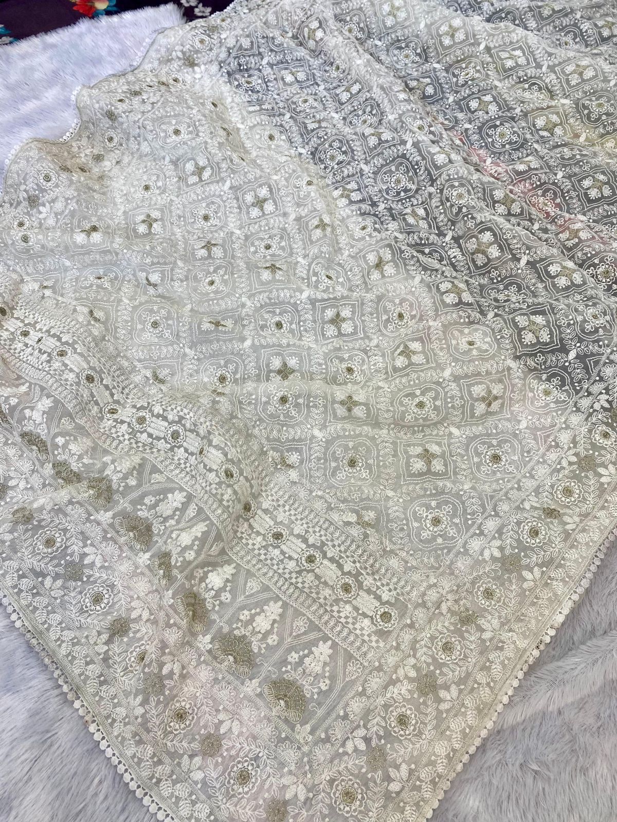 Pure soft Off-white silk  organza saree with Lucknowi