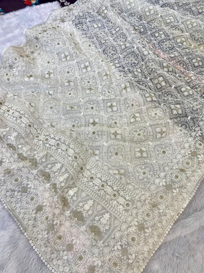Pure soft Off-white silk  organza saree with Lucknowi