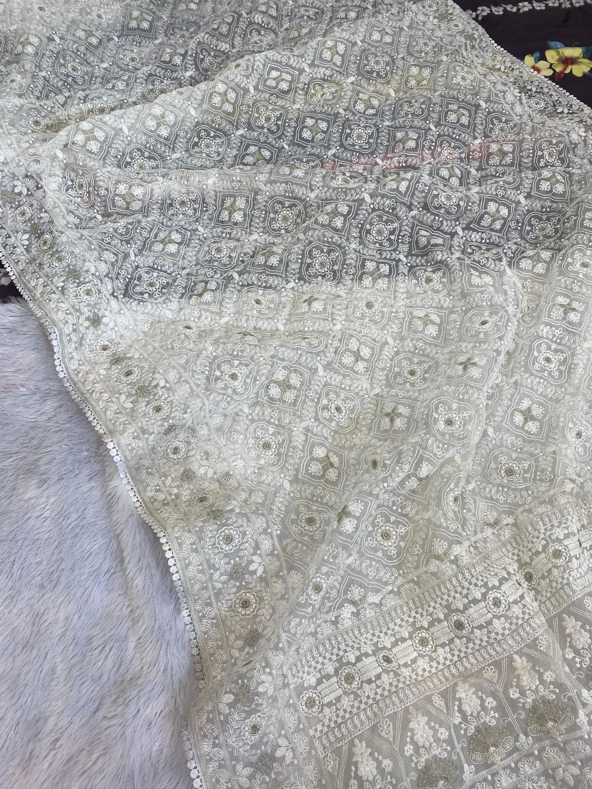 Pure soft Off-white silk  organza saree with Lucknowi