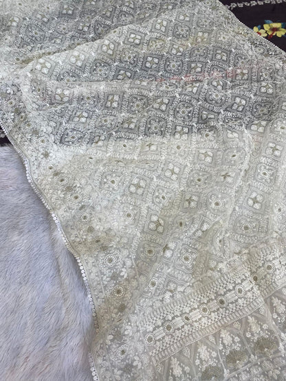 Pure soft Off-white silk  organza saree with Lucknowi