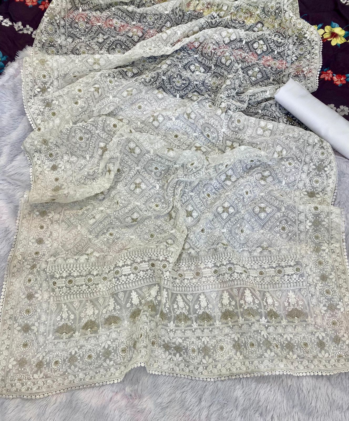 Pure soft Off-white silk  organza saree with Lucknowi