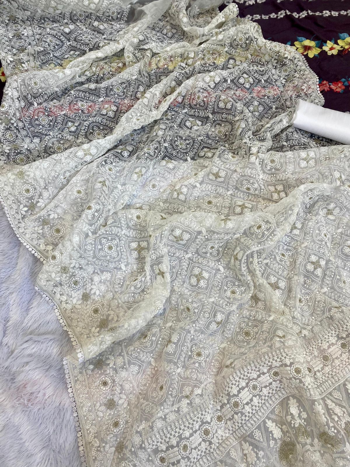 Pure soft Off-white silk  organza saree with Lucknowi