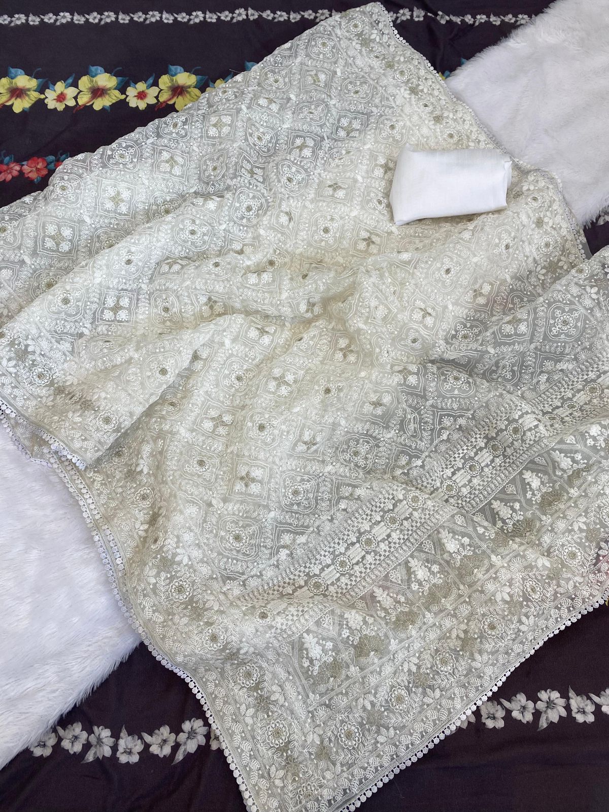 Pure soft Off-white silk  organza saree with Lucknowi