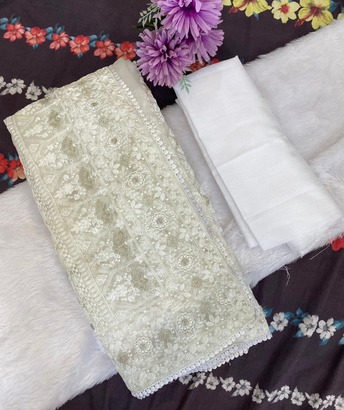 Pure soft Off-white silk  organza saree with Lucknowi
