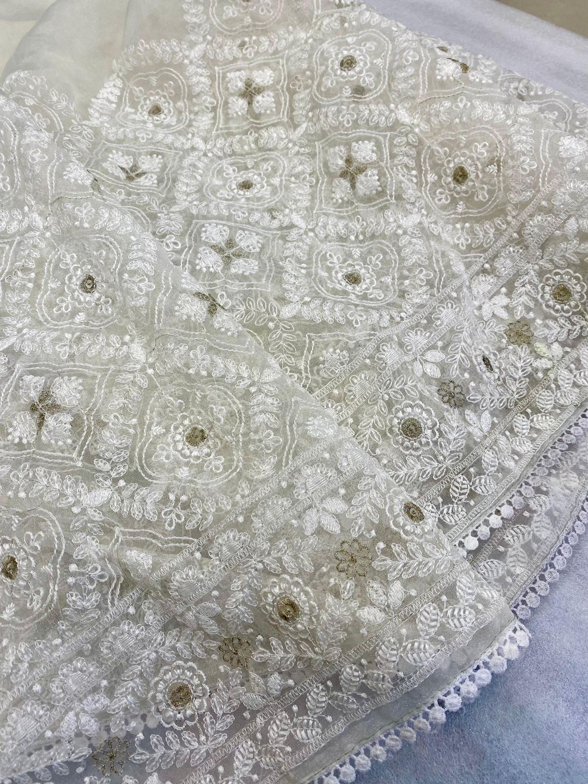 Pure soft Off-white silk  organza saree with Lucknowi