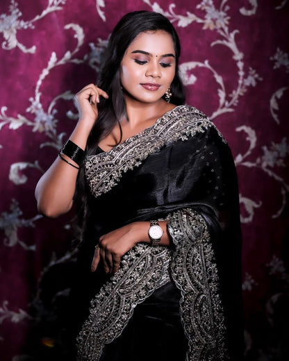 Soft satin organza black colour saree fabric with heavy coding seqnce panel work in all over sarees