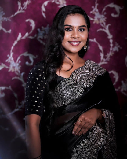 Soft satin organza black colour saree fabric with heavy coding seqnce panel work in all over sarees