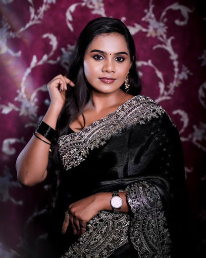 Soft satin organza black colour saree fabric with heavy coding seqnce panel work in all over sarees