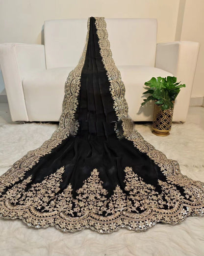 Soft satin organza black colour saree fabric with heavy coding seqnce panel work in all over sarees