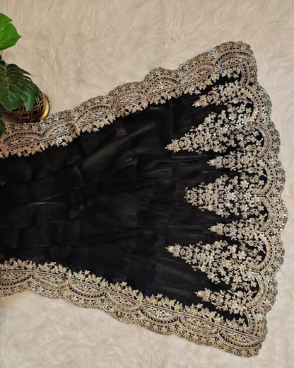 Soft satin organza black colour saree fabric with heavy coding seqnce panel work in all over sarees