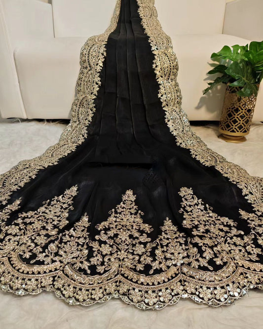 Soft satin organza black colour saree fabric with heavy coding seqnce panel work in all over sarees