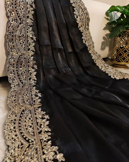 Soft satin organza black colour saree fabric with heavy coding seqnce panel work in all over sarees