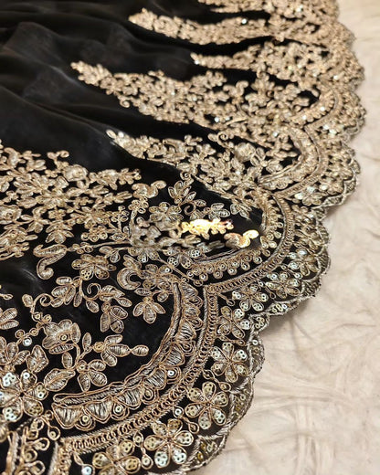Soft satin organza black colour saree fabric with heavy coding seqnce panel work in all over sarees