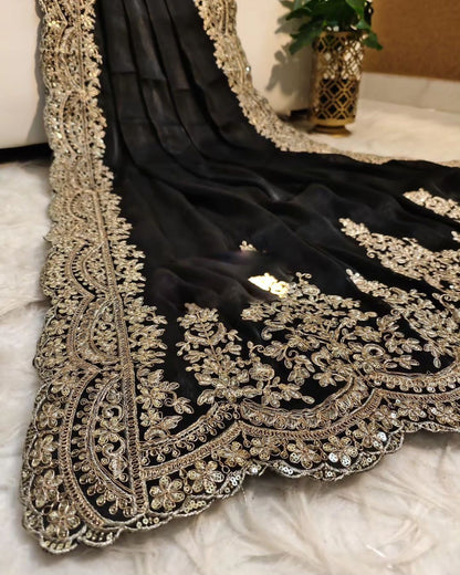Soft satin organza black colour saree fabric with heavy coding seqnce panel work in all over sarees