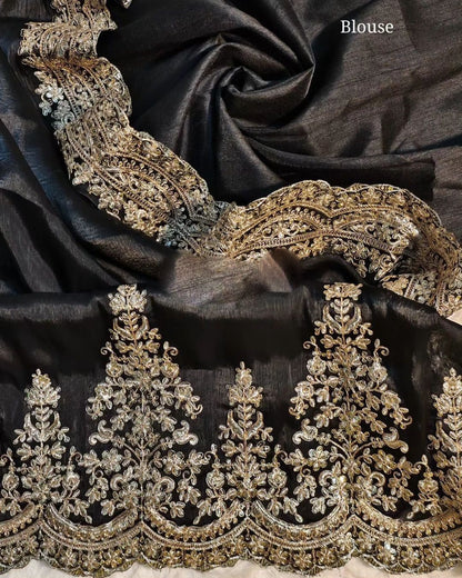 Soft satin organza black colour saree fabric with heavy coding seqnce panel work in all over sarees