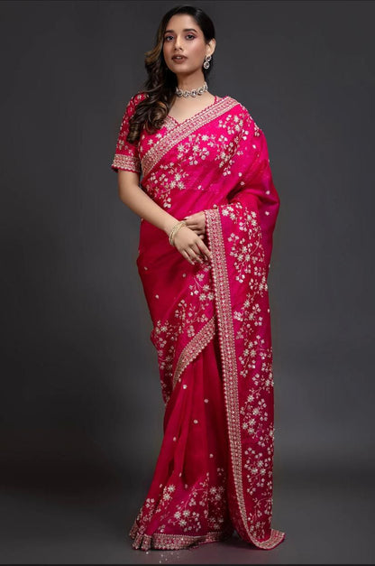 Pure organza fabric sarees with thread & seqnce work
