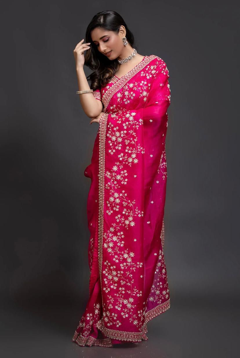 Pure organza fabric sarees with thread & seqnce work