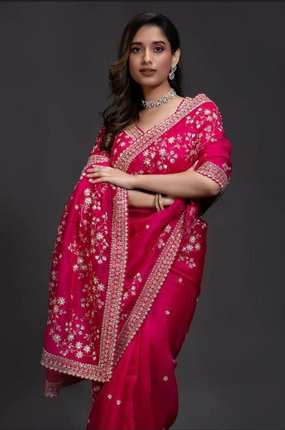 Pure organza fabric sarees with thread & seqnce work