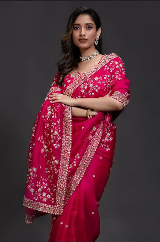 Pure organza fabric sarees with thread & seqnce work