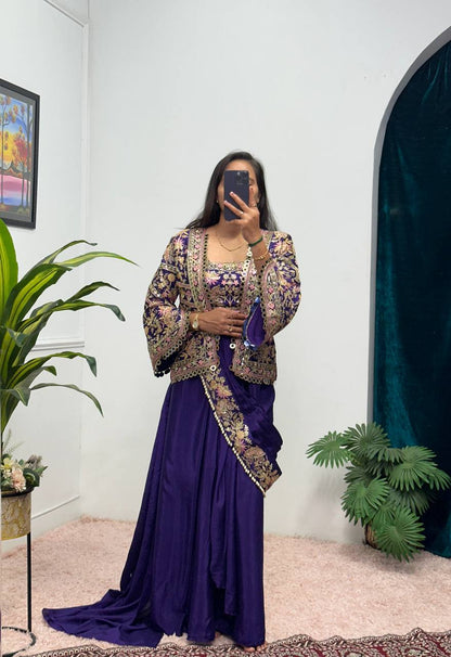 SAREE WITH FULLY EMBROIDERED KOTI ON  CHINON FABRIC WITH STITCH BLOUSE